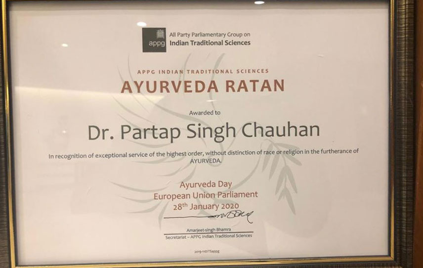 Dr Chauhan conferred with prestigious Ayurveda Ratan Award in Brussels Dr Chauhan conferred with prestigious Ayurveda Ratan Award in Brussels